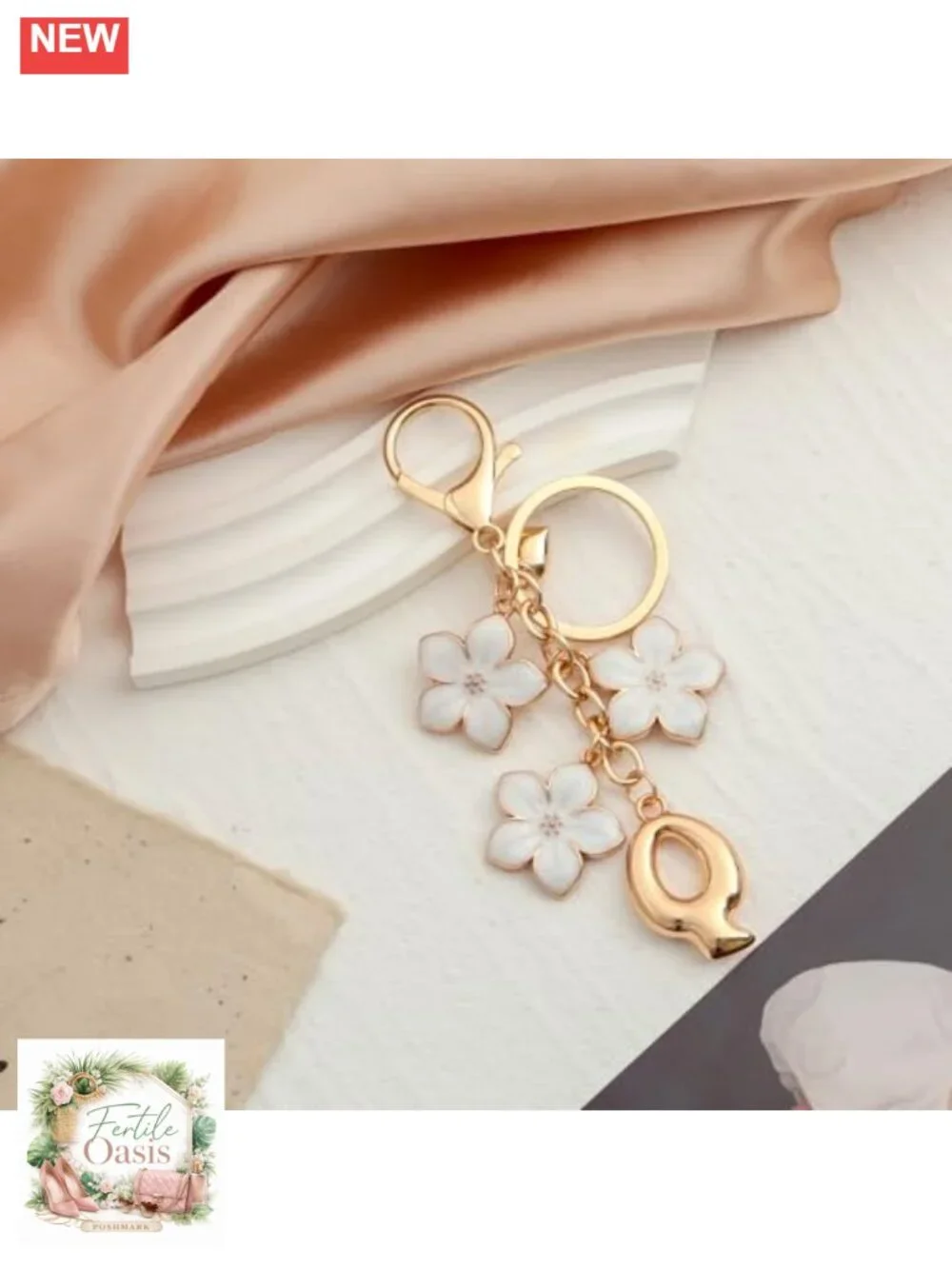 Gold Plated Letter Initial Keychain Charm Floral Heart Bag Purse Charm Gift for